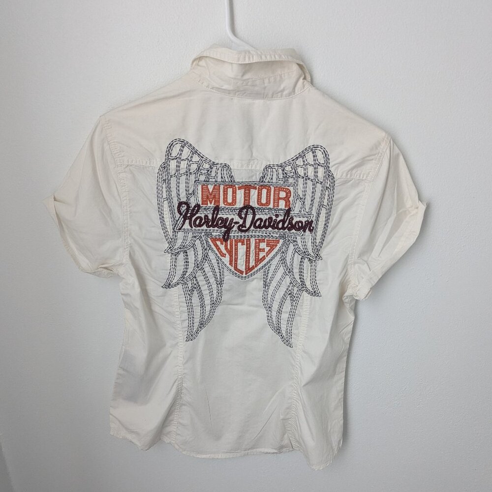 NWT Harley Davidson Women's White Embroidered Button Short Sleeve Top, Medium
